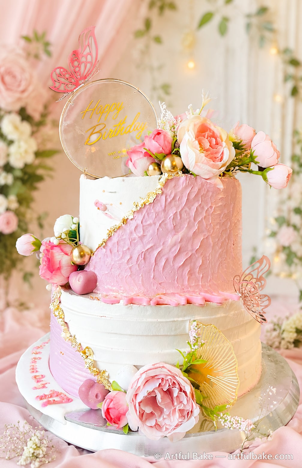 Pink & White Floral Two-Tier Cake