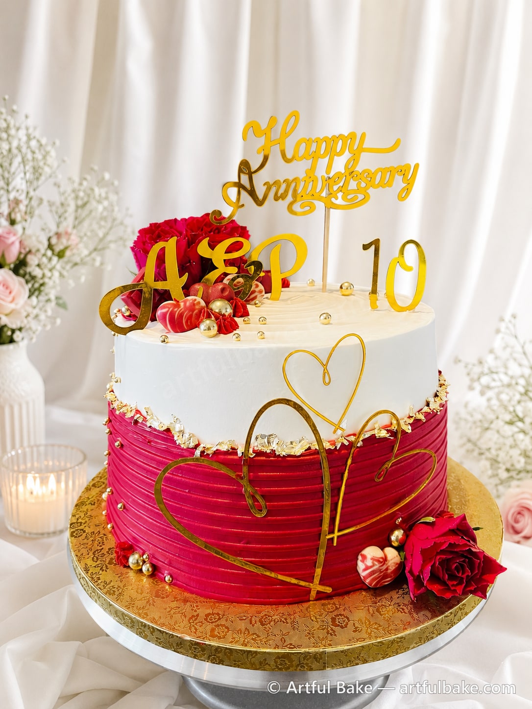 Roses & Gold Anniversary Cake